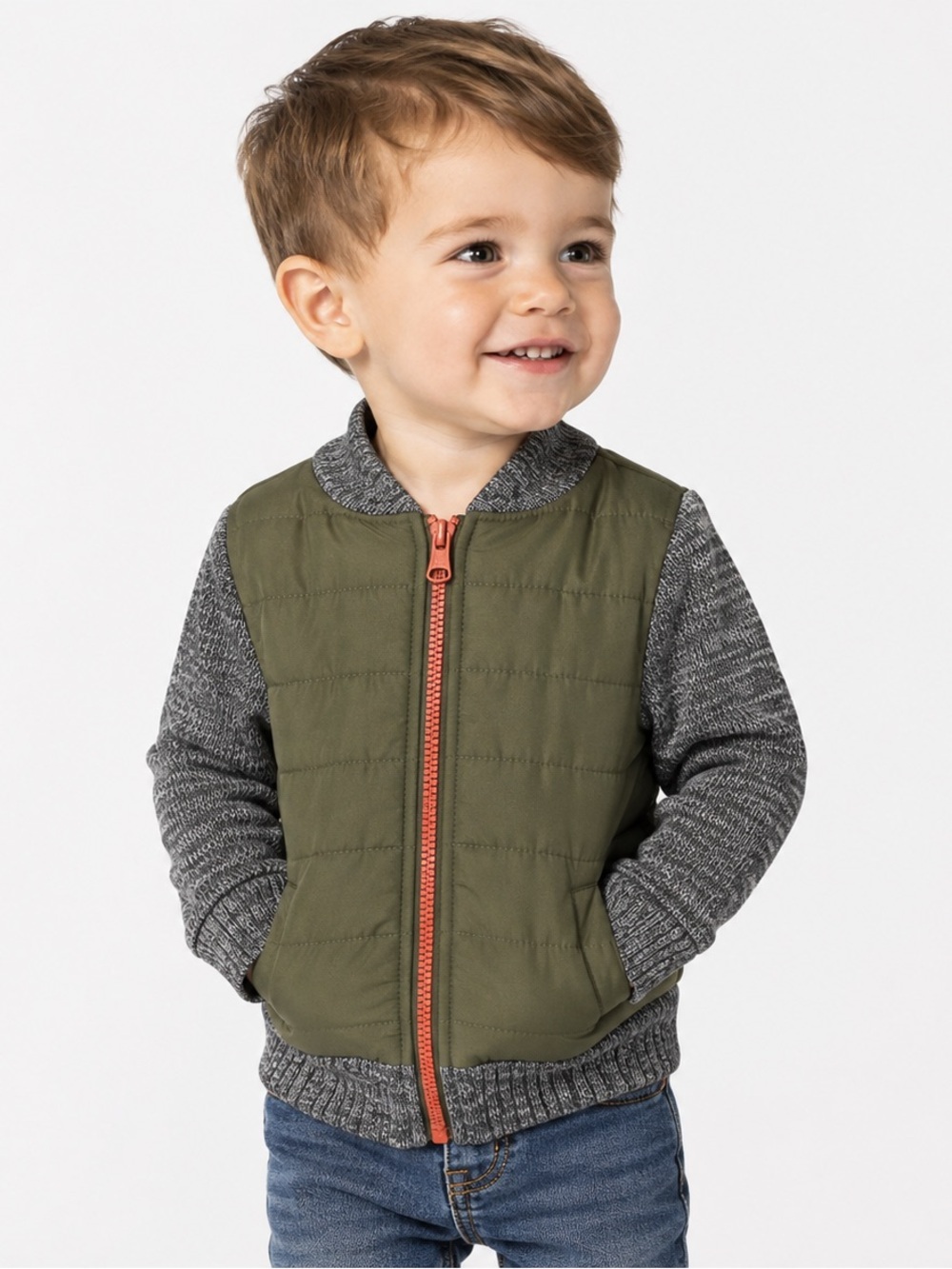 Cat & Jack Toddler Sweater Jacket 2T Gray Knit Olive Quilted NWT